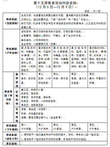 第十五周教育活动内容安排（中一）