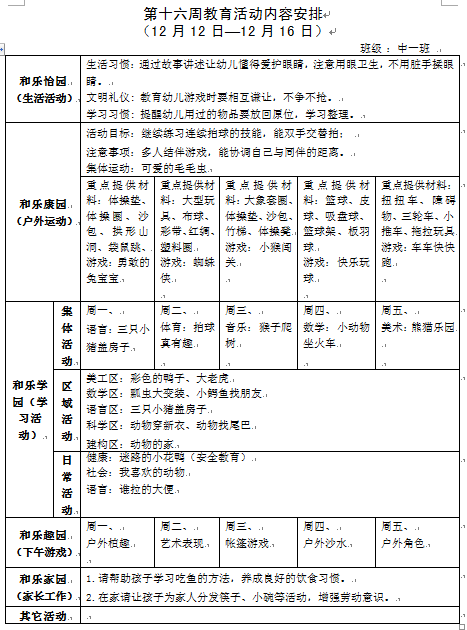 第十六周教育活动内容安排（中一）