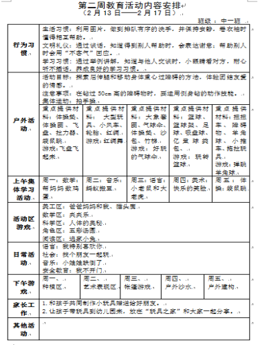 第二周教育活动内容安排