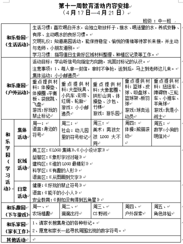 第十一周教育活动内容安排