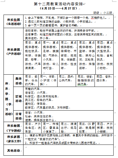 第十二周教育活动内容安排