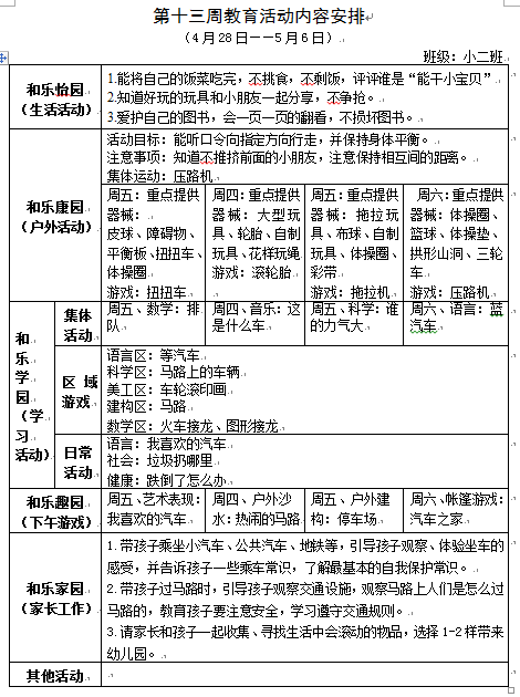 第十三周教育活动内容安排