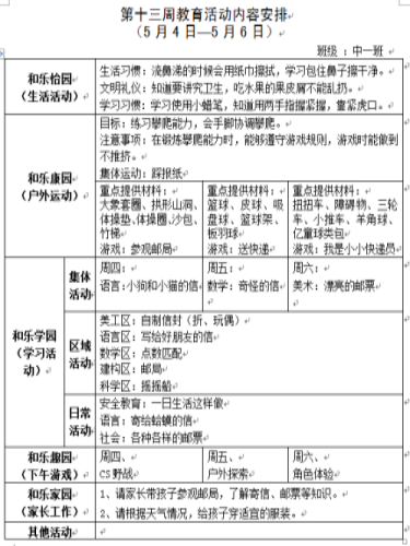 第十三周教育活动内容安排