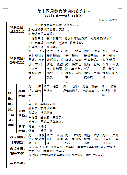 第十四周教育活动内容安排