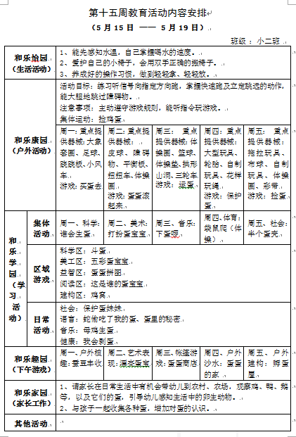 第十五周教育活动内容安排