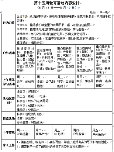 第十五周教育活动内容安排