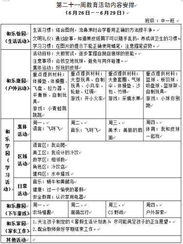 第二十一周教育活动内容安排