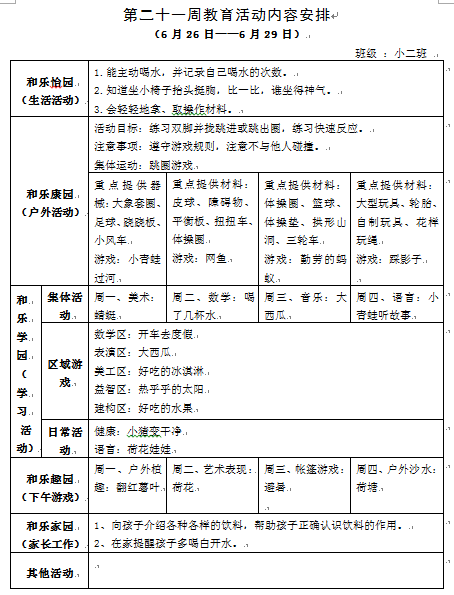 第二十一周周教育活动内容安排