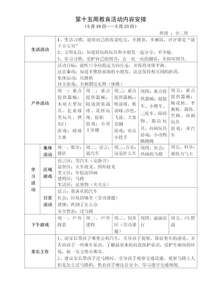 第十五周教育活动计划
