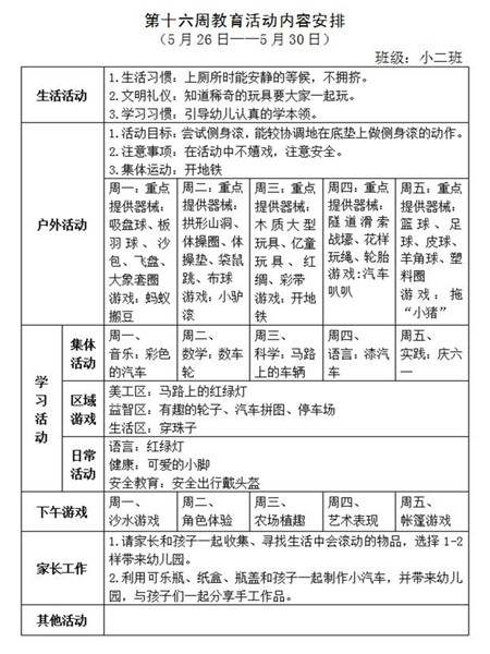 第十六周教育活动计划