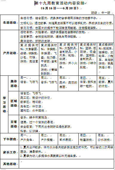 第十九周教育活动计划